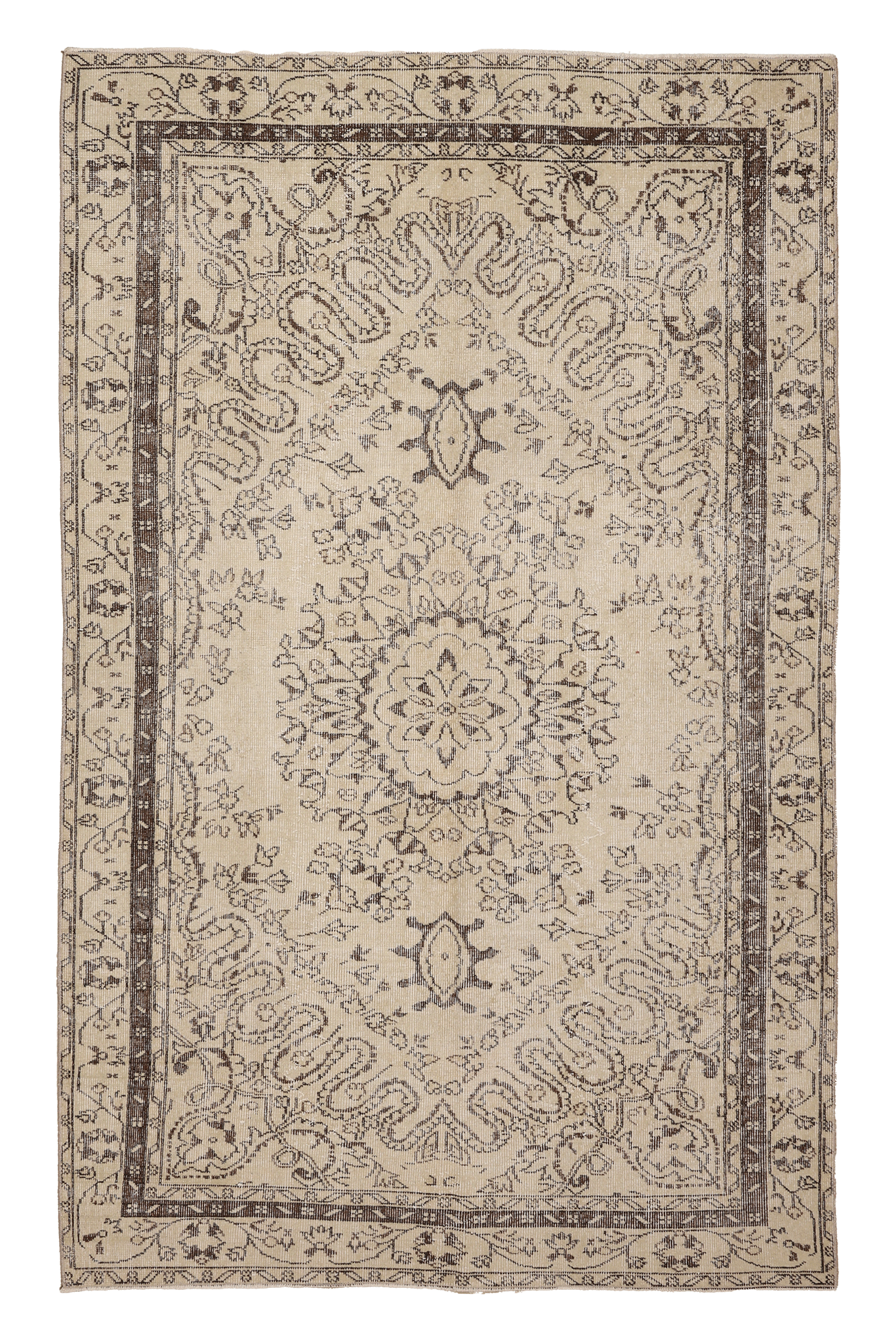 Vintage Isparta Turkish Area Rug 5x8 ft — Beige & Brown Floral (No. 40208)