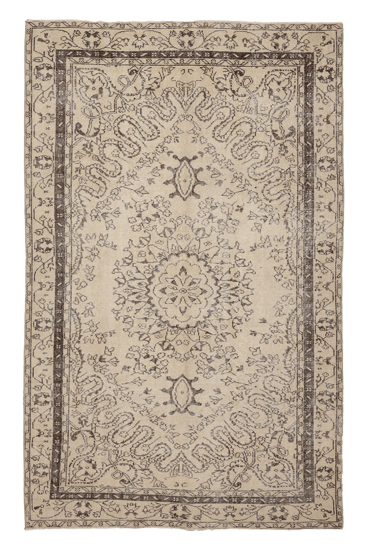 Vintage Isparta Turkish Area Rug 5x8 ft — Beige & Brown Floral (No. 40208)