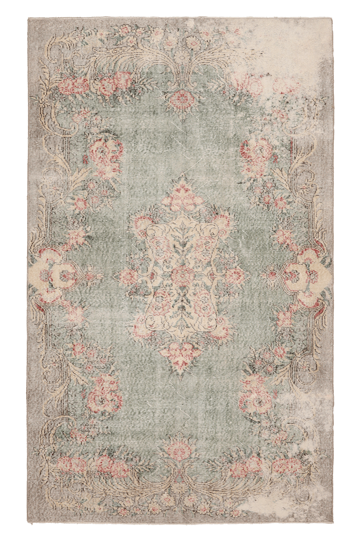 Vintage Isparta Turkish Area Rug 5x9 ft — Green & Pink Distressed