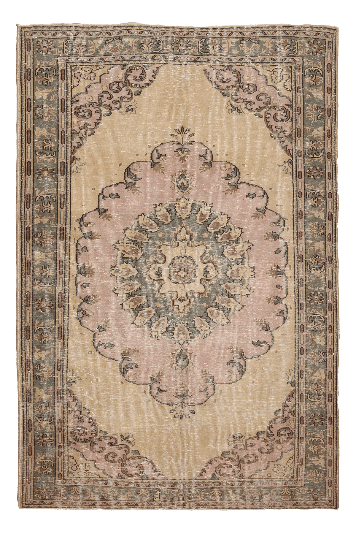 Vintage Manisa Turkish Area Rug 6x9 ft — Beige & Pink Floral