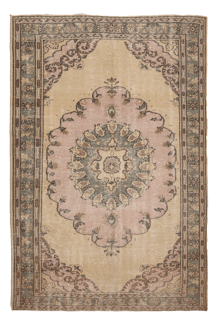 Vintage Manisa Turkish Area Rug 6x9 ft — Beige & Pink Floral