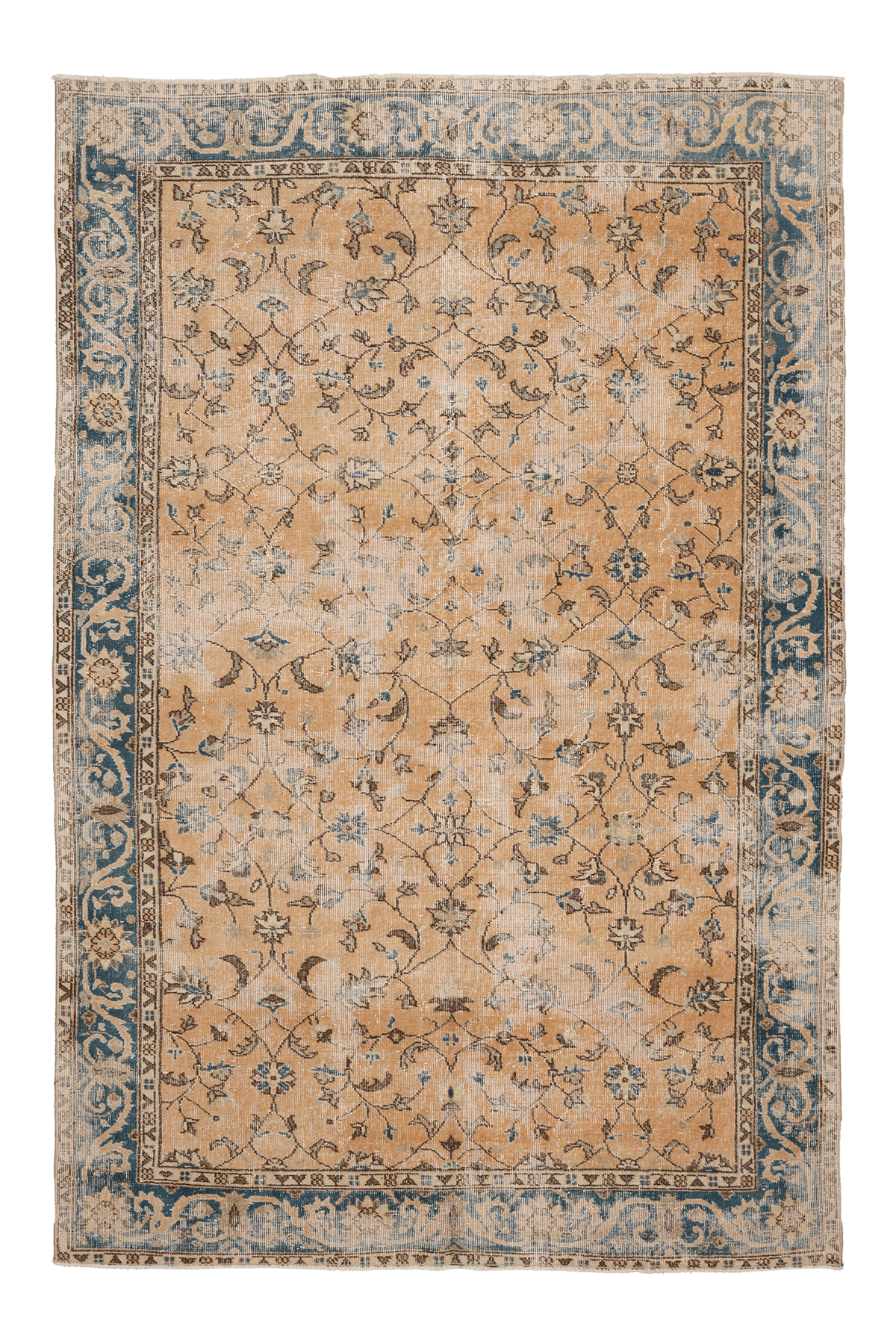 Vintage Isparta Turkish Area Rug 6x9 ft — Beige & Blue Floral