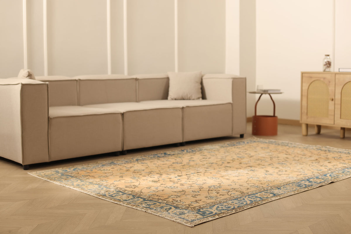 Vintage Isparta Turkish Area Rug 6x9 ft — Beige & Blue Floral