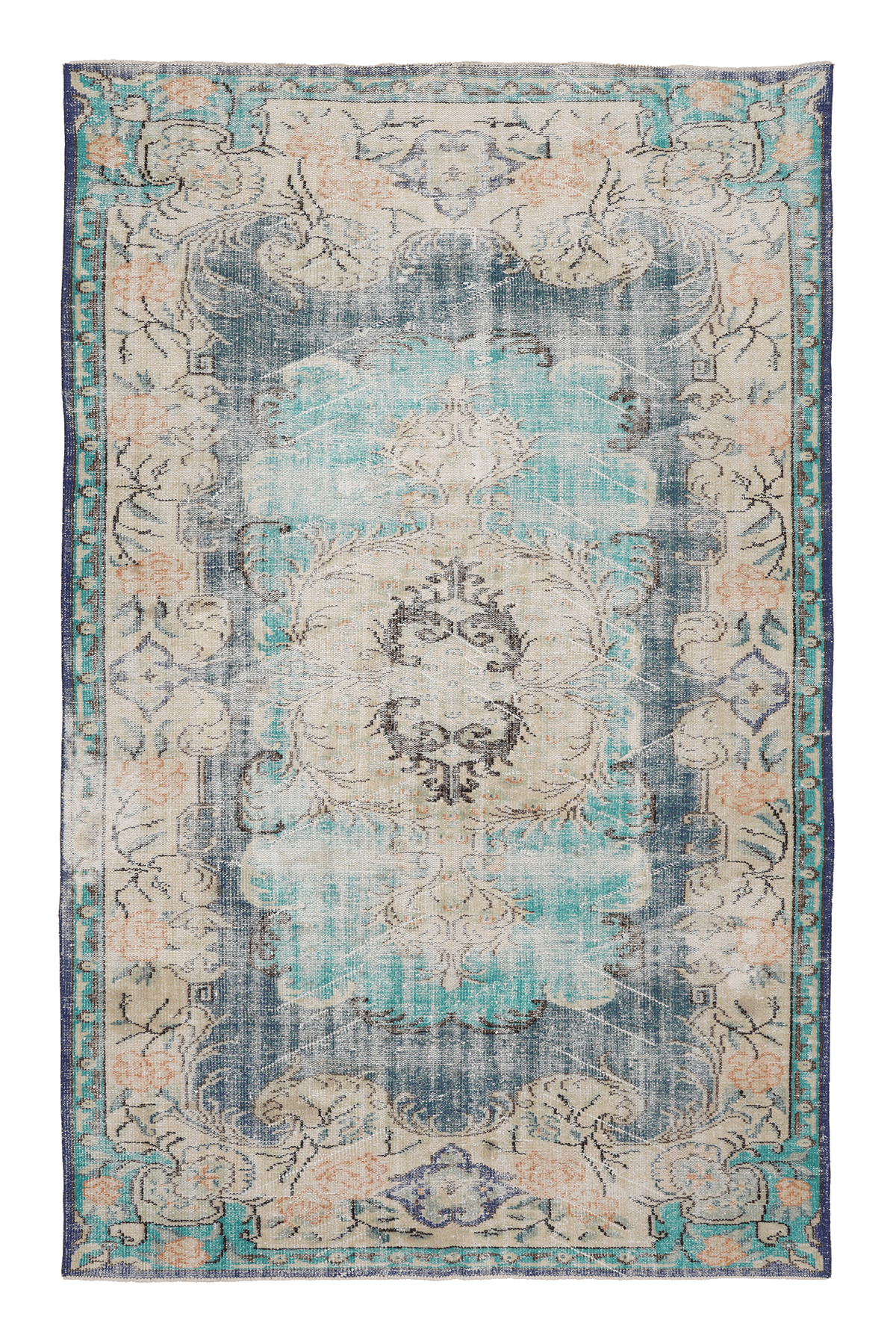 Vintage Manisa Turkish Area Rug 6x9 ft — Blue & Green Floral