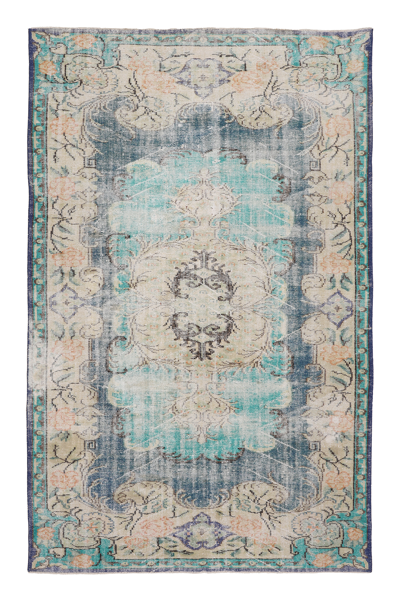 Vintage Manisa Turkish Area Rug 6x9 ft — Blue & Green Floral