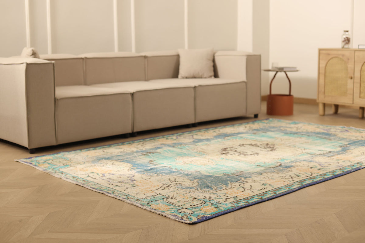 Vintage Manisa Turkish Area Rug 6x9 ft — Blue & Green Floral