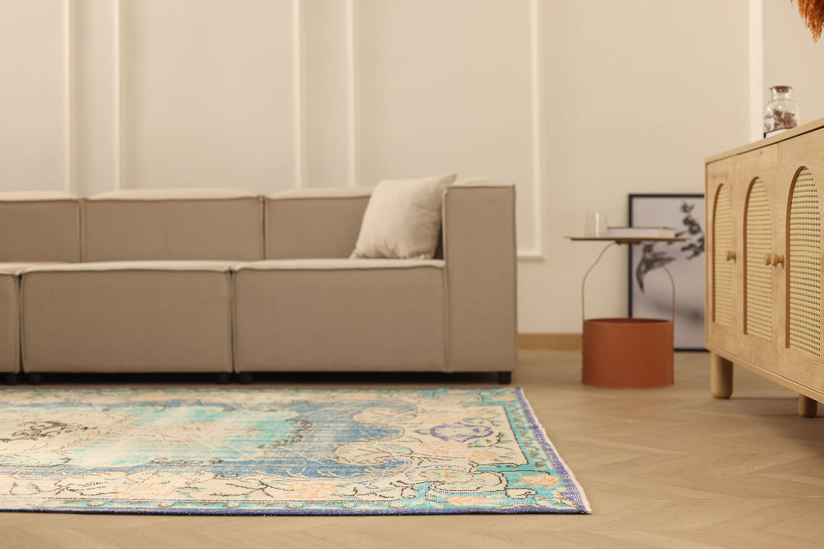 Vintage Manisa Turkish Area Rug 6x9 ft — Blue & Green Floral