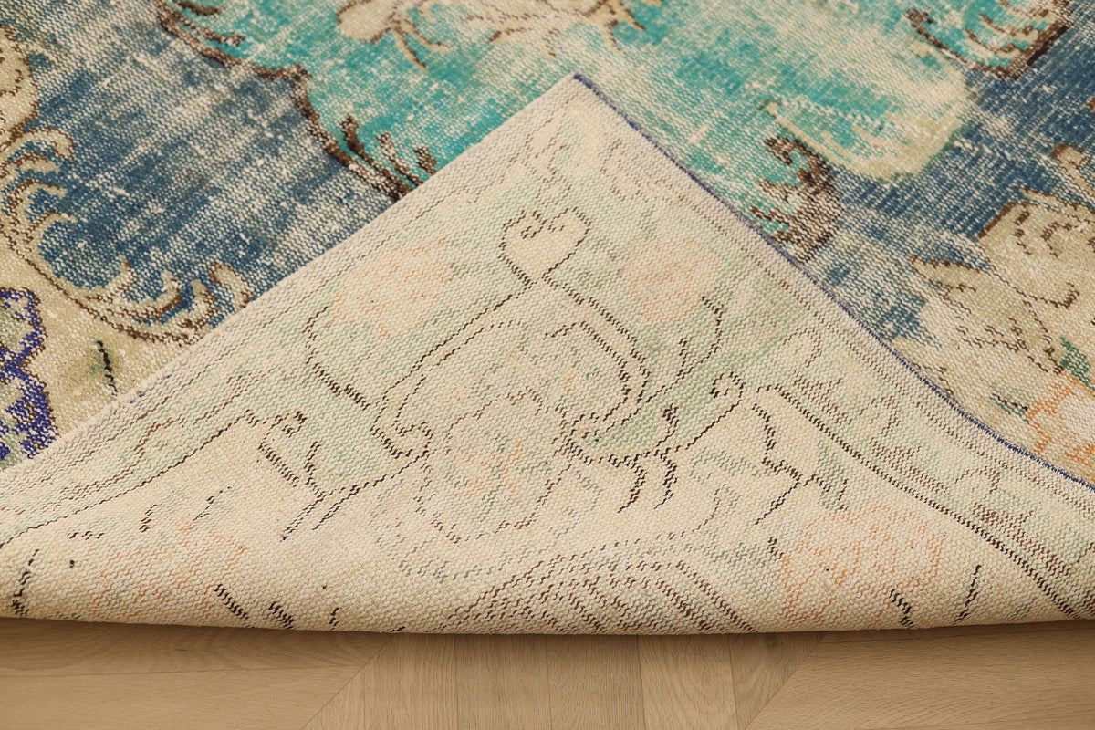 Vintage Manisa Turkish Area Rug 6x9 ft — Blue & Green Floral