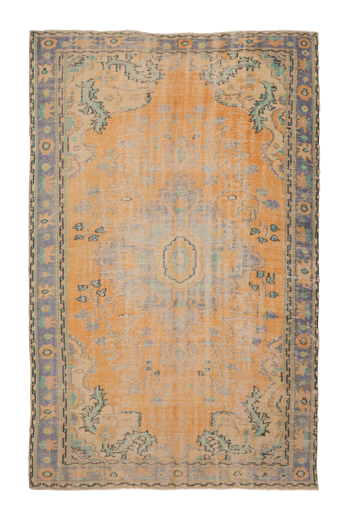 Vintage Manisa Turkish Area Rug 6x9 ft — Orange & Blue Floral (No. 40267)