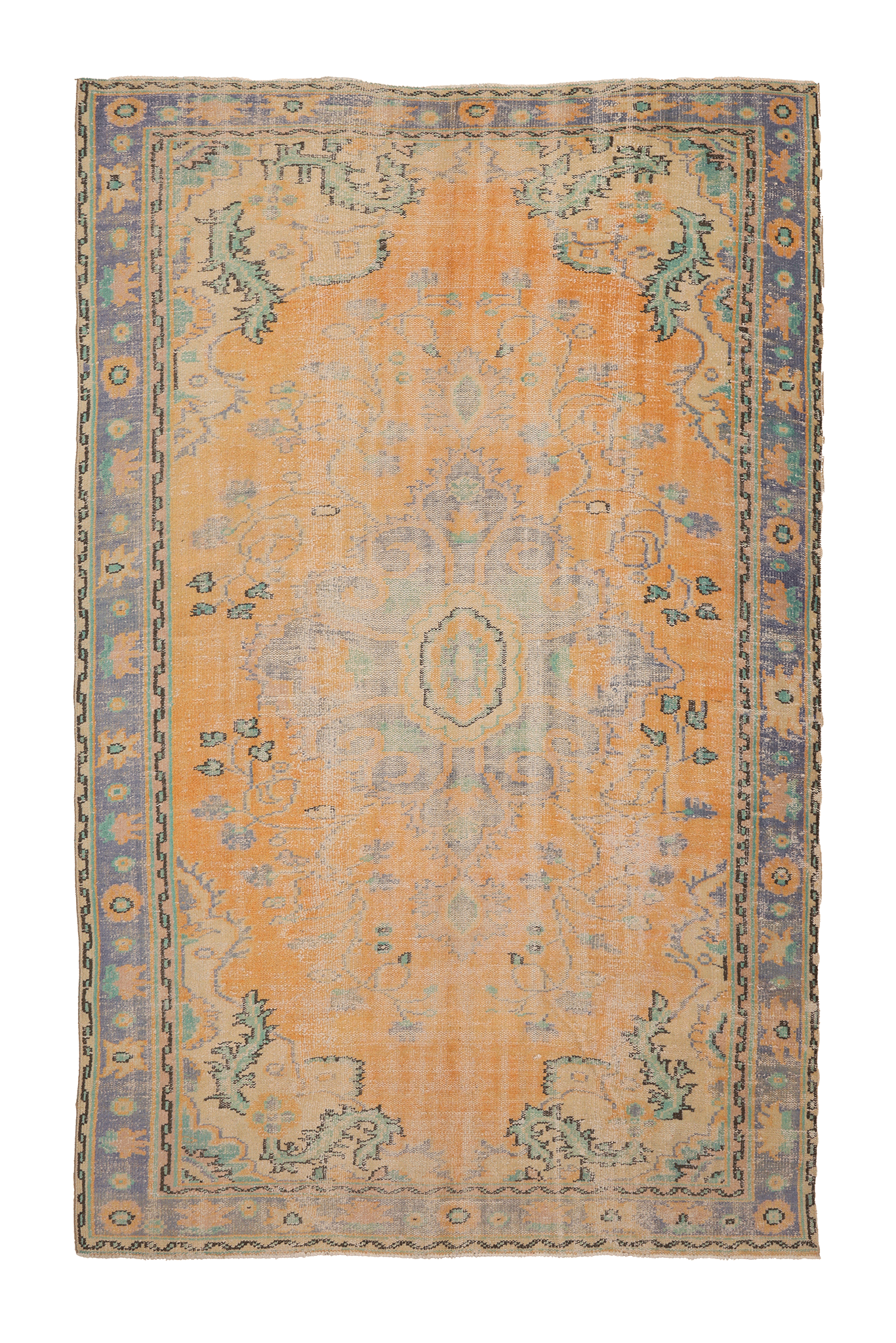 Vintage Manisa Turkish Area Rug 6x9 ft — Orange & Blue Floral (No. 40267)