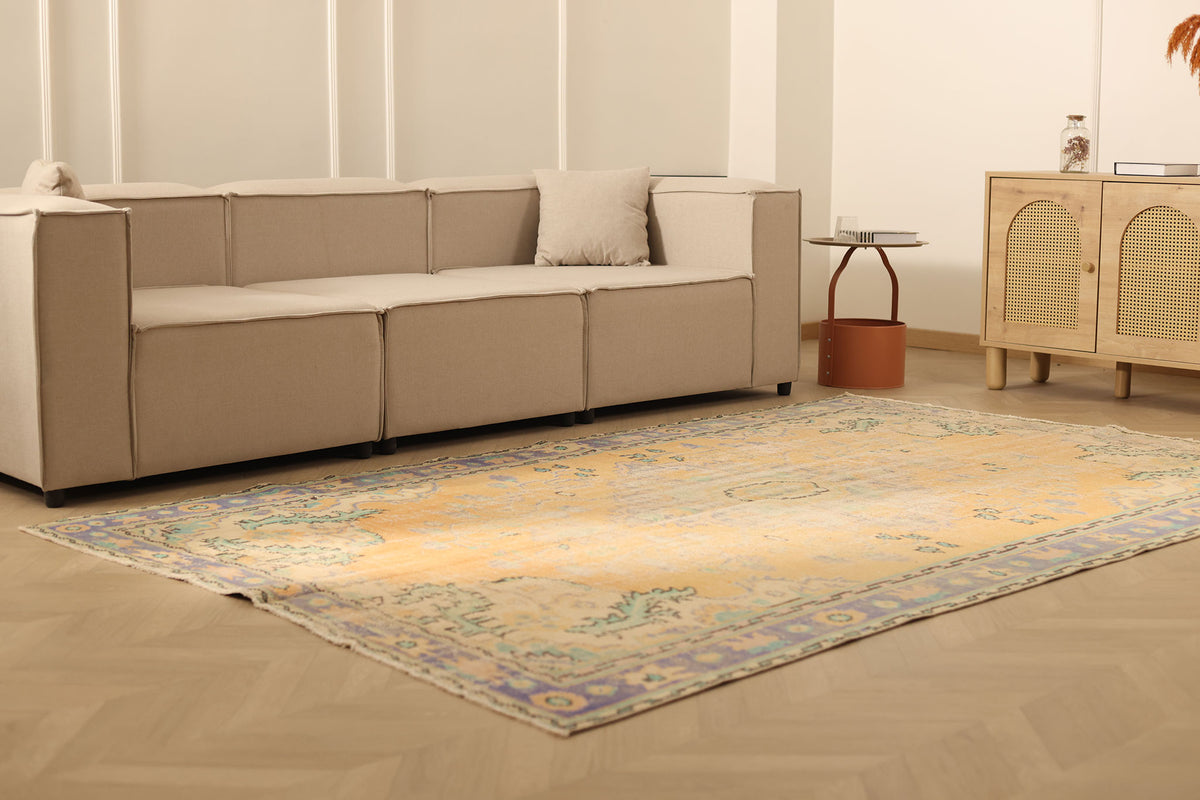Vintage Manisa Turkish Area Rug 6x9 ft — Orange & Blue Floral (No. 40267)