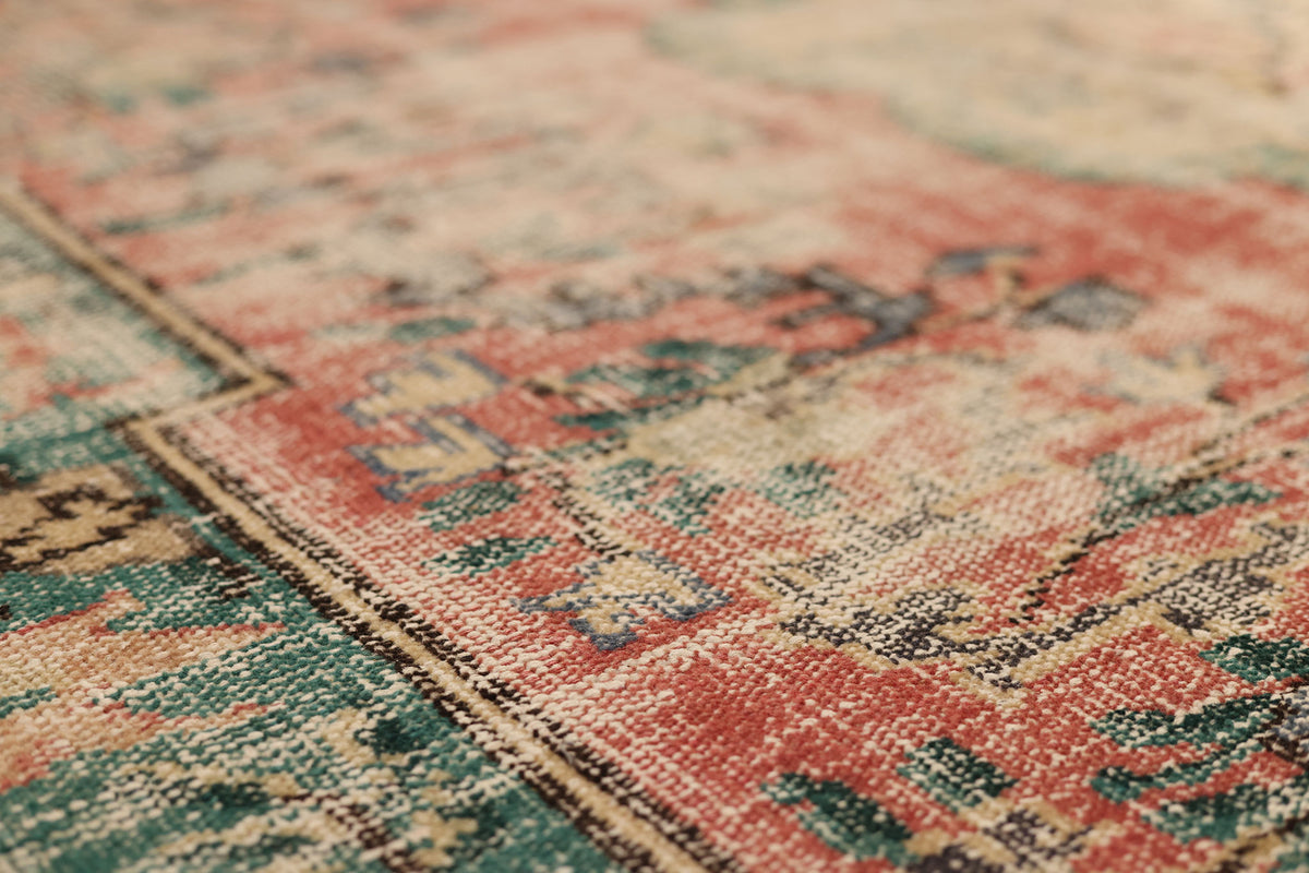Vintage Manisa Turkish Area Rug 7x9 ft — Red & Green Floral