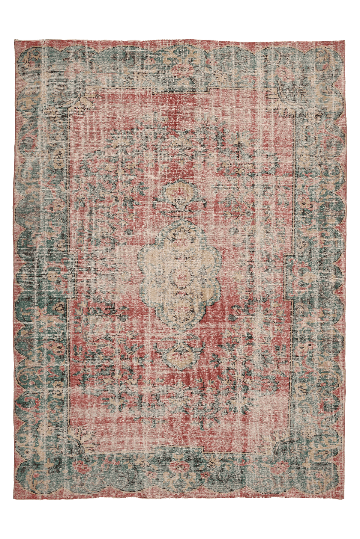Vintage Manisa Turkish Area Rug 7x9 ft — Red & Green Floral