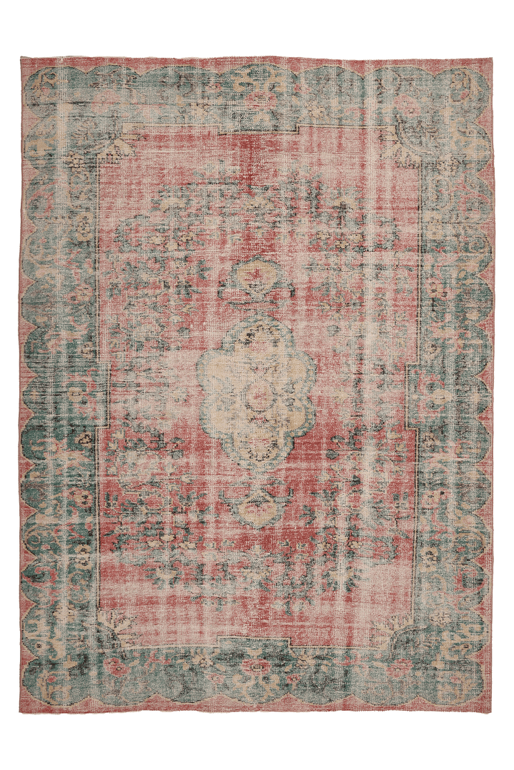 Vintage Manisa Turkish Area Rug 7x9 ft — Red & Green Floral
