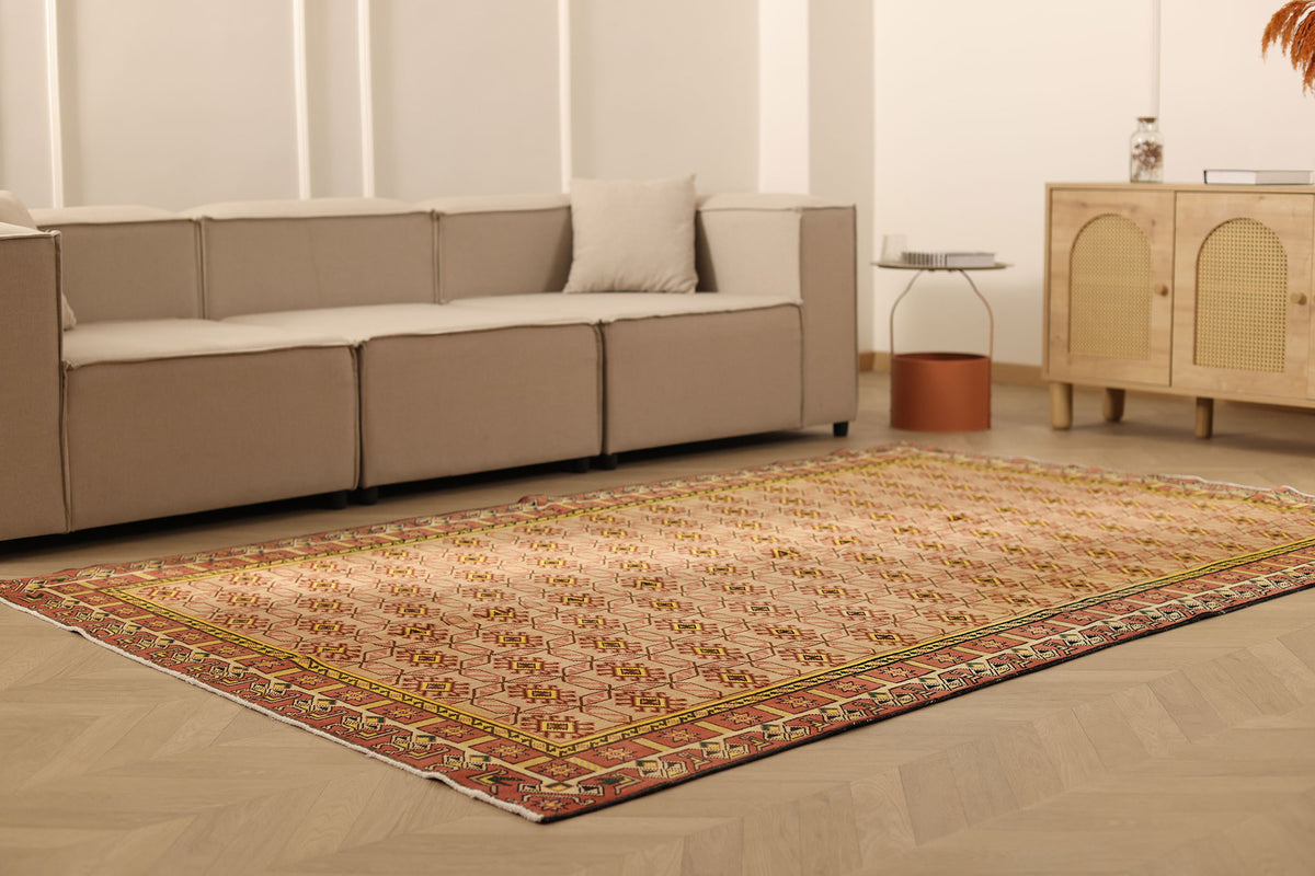 Vintage Isparta Turkish Area Rug 6x9 ft — Beige & Red Geometric