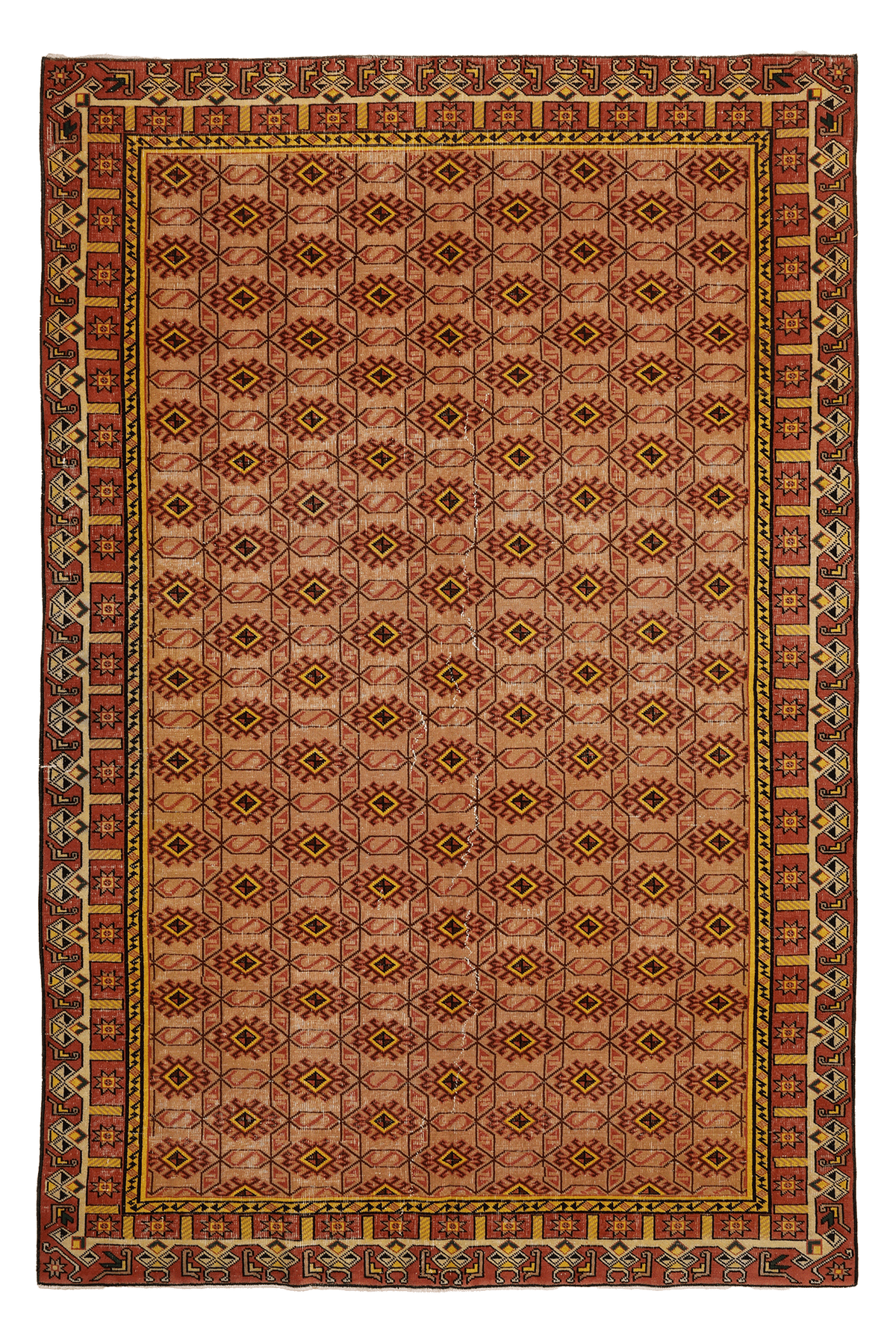 Vintage Isparta Turkish Area Rug 6x9 ft — Beige & Red Geometric