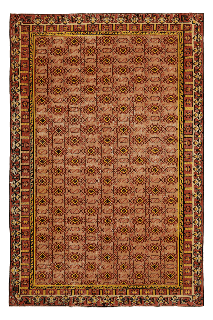 Vintage Isparta Turkish Area Rug 6x9 ft — Beige & Red Geometric