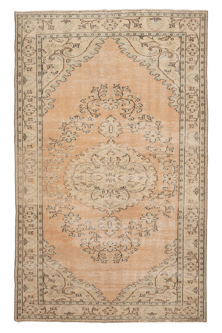 Vintage Manisa Turkish Area Rug 6x9 ft — Orange Floral (No. 40294)