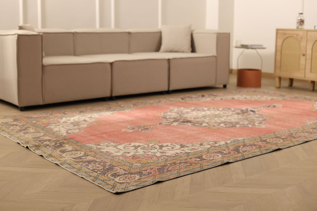Vintage Isparta Turkish Area Rug 6x11 ft — Beige & Brown Floral