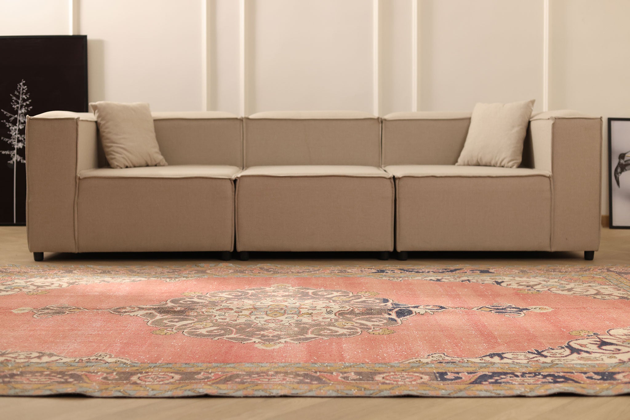 Vintage Isparta Turkish Area Rug 6x11 ft — Beige & Brown Floral