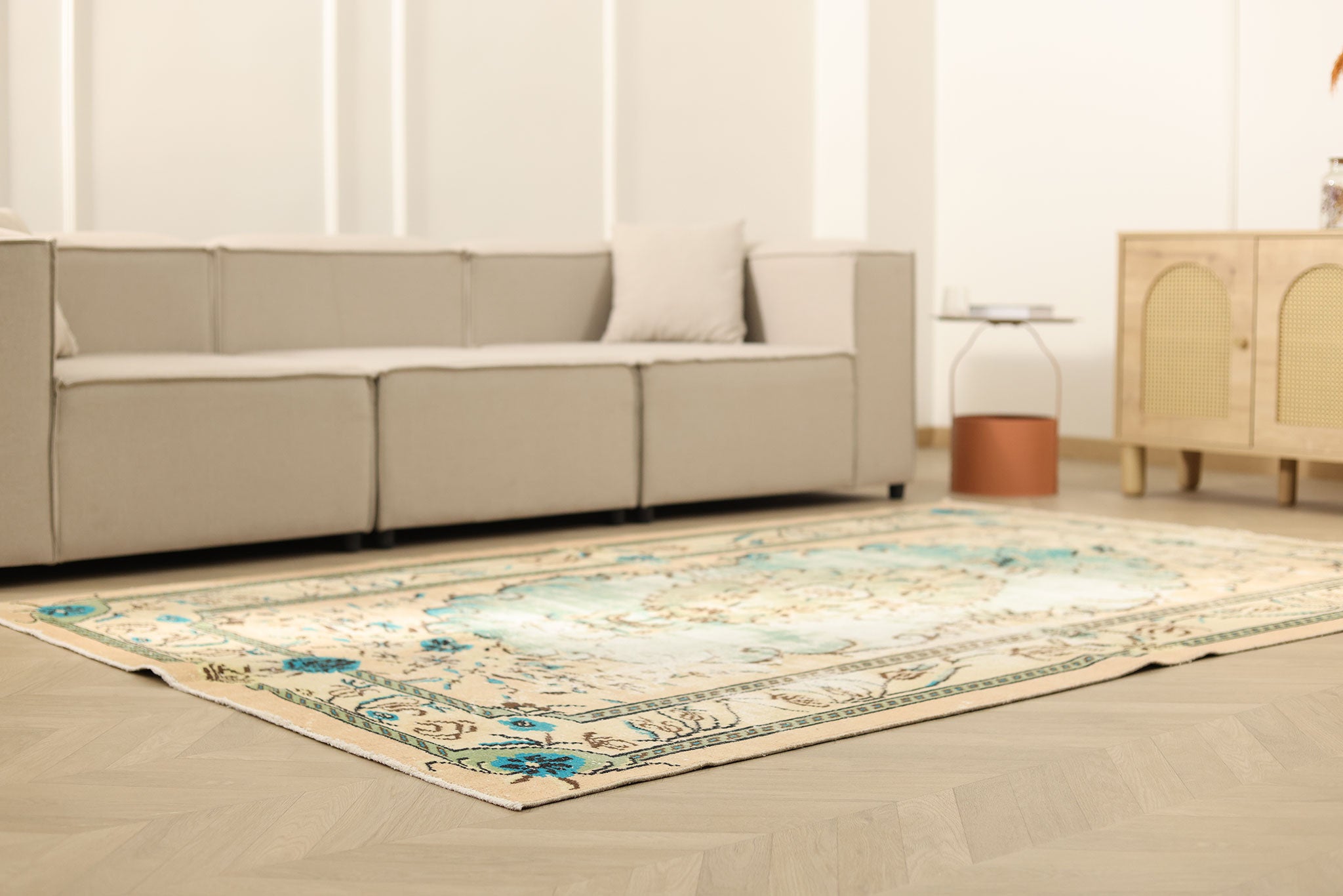 Vintage Manisa Turkish Area Rug 6x9 ft — Blue & Green Floral (No. 40311)