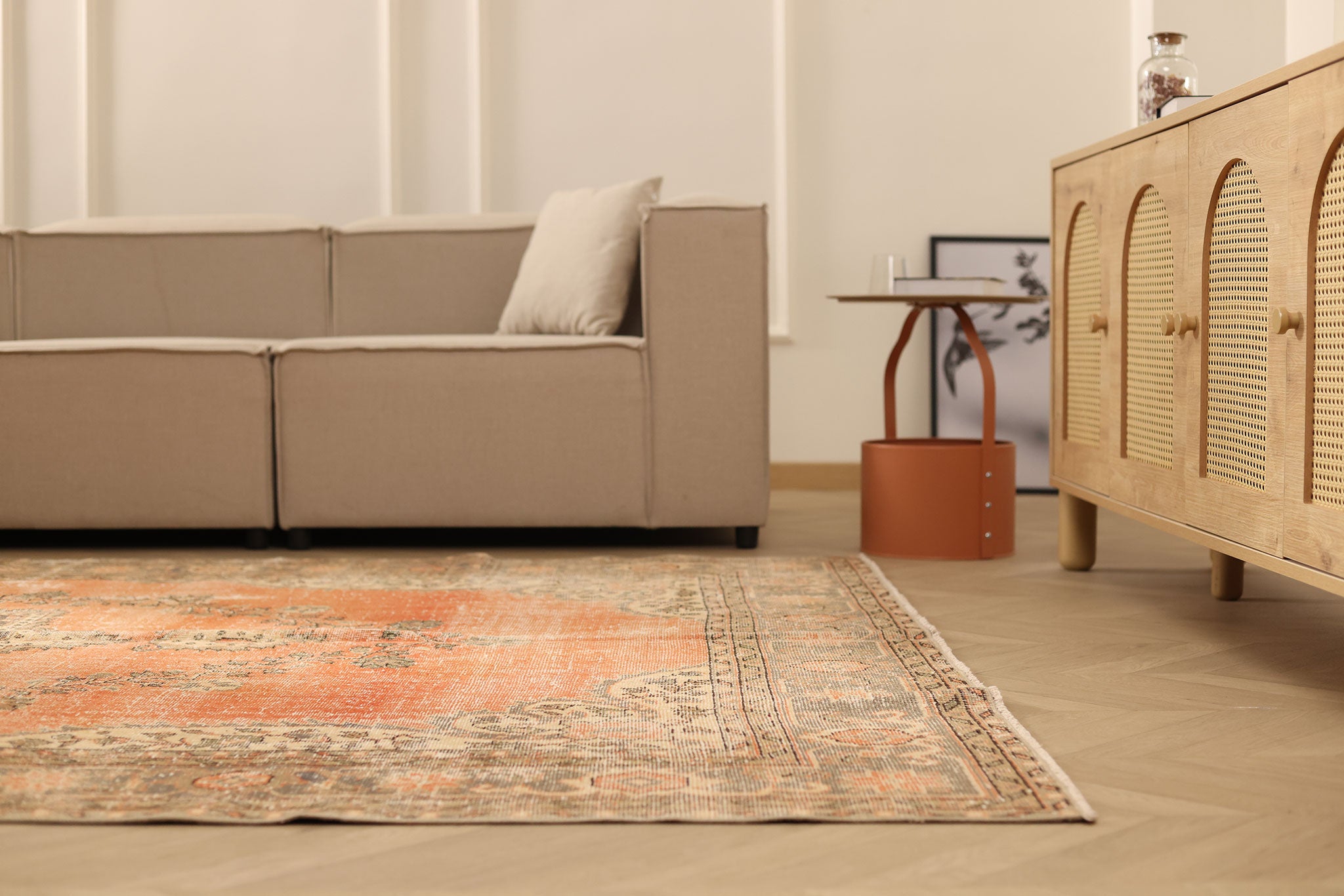 Vintage Isparta Turkish Area Rug 6x10 ft — Beige & Brown Floral (No. 40312)