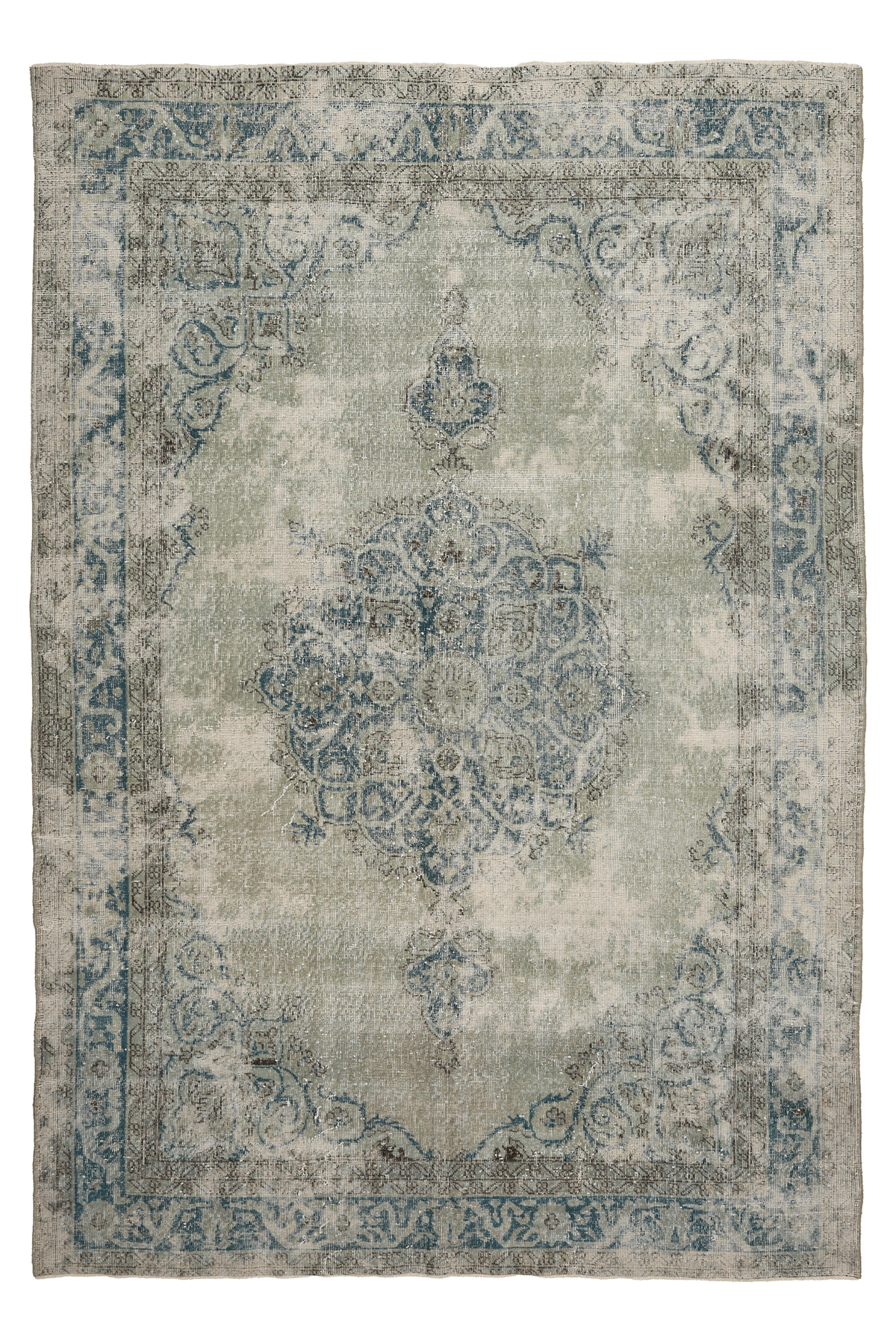 Vintage Isparta Turkish Area Rug 6x9 ft — Green & Beige Floral