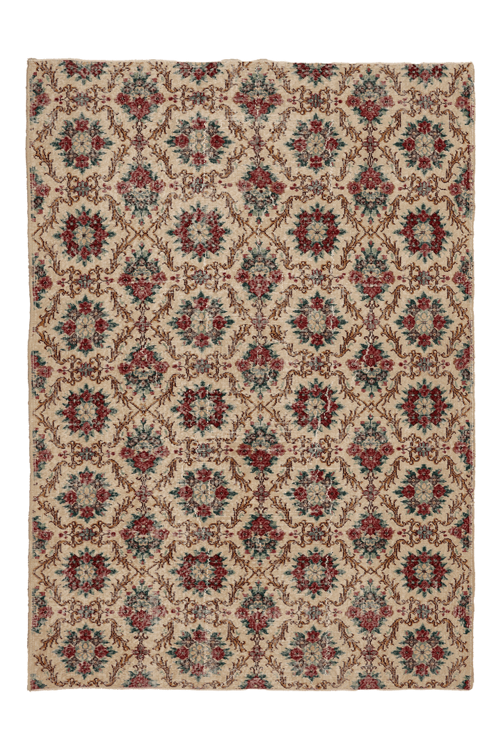 Vintage Isparta Turkish Area Rug 6x9 ft — Beige & Red Floral