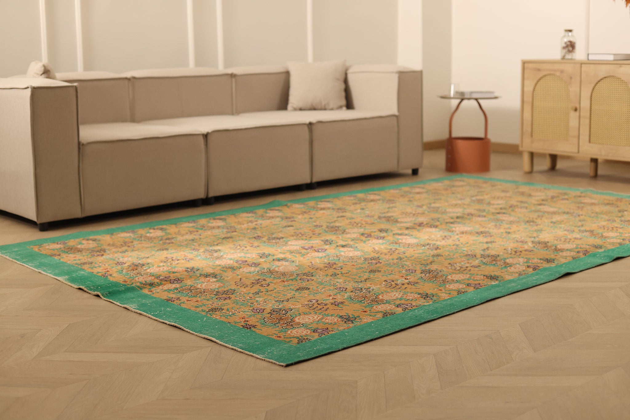 Vintage Isparta Turkish Area Rug 6x10 ft — Green & Brown Floral