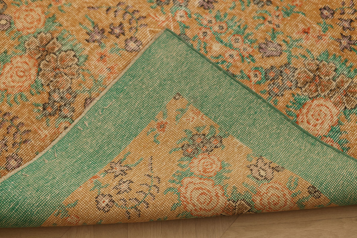 Vintage Isparta Turkish Area Rug 6x10 ft — Green & Brown Floral