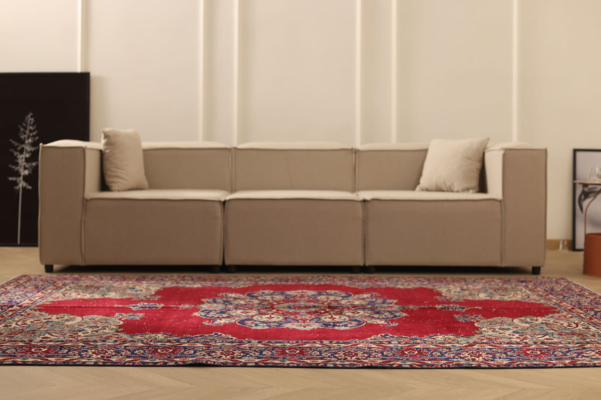 Vintage Isparta Turkish Area Rug 6x9 ft — Red & Blue Floral
