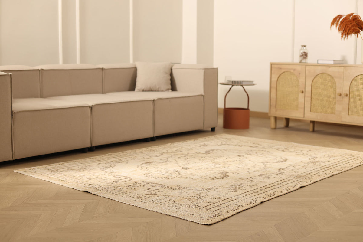 Vintage Manisa Turkish Area Rug 5x8 ft — Beige & Brown Floral (No. 40343)