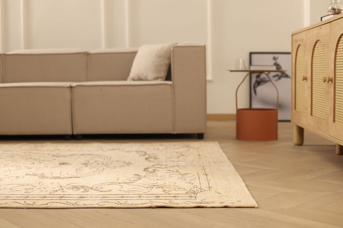 Vintage Manisa Turkish Area Rug 5x8 ft — Beige & Brown Floral (No. 40343)