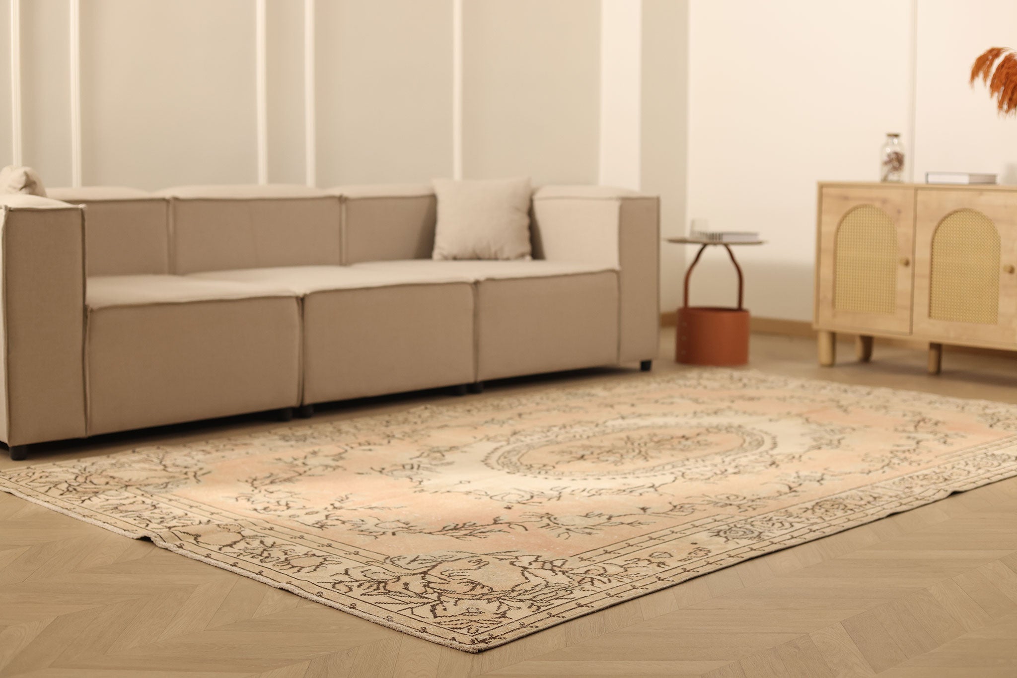 Vintage Isparta Turkish Area Rug 6x10 ft — Beige & Pink Floral