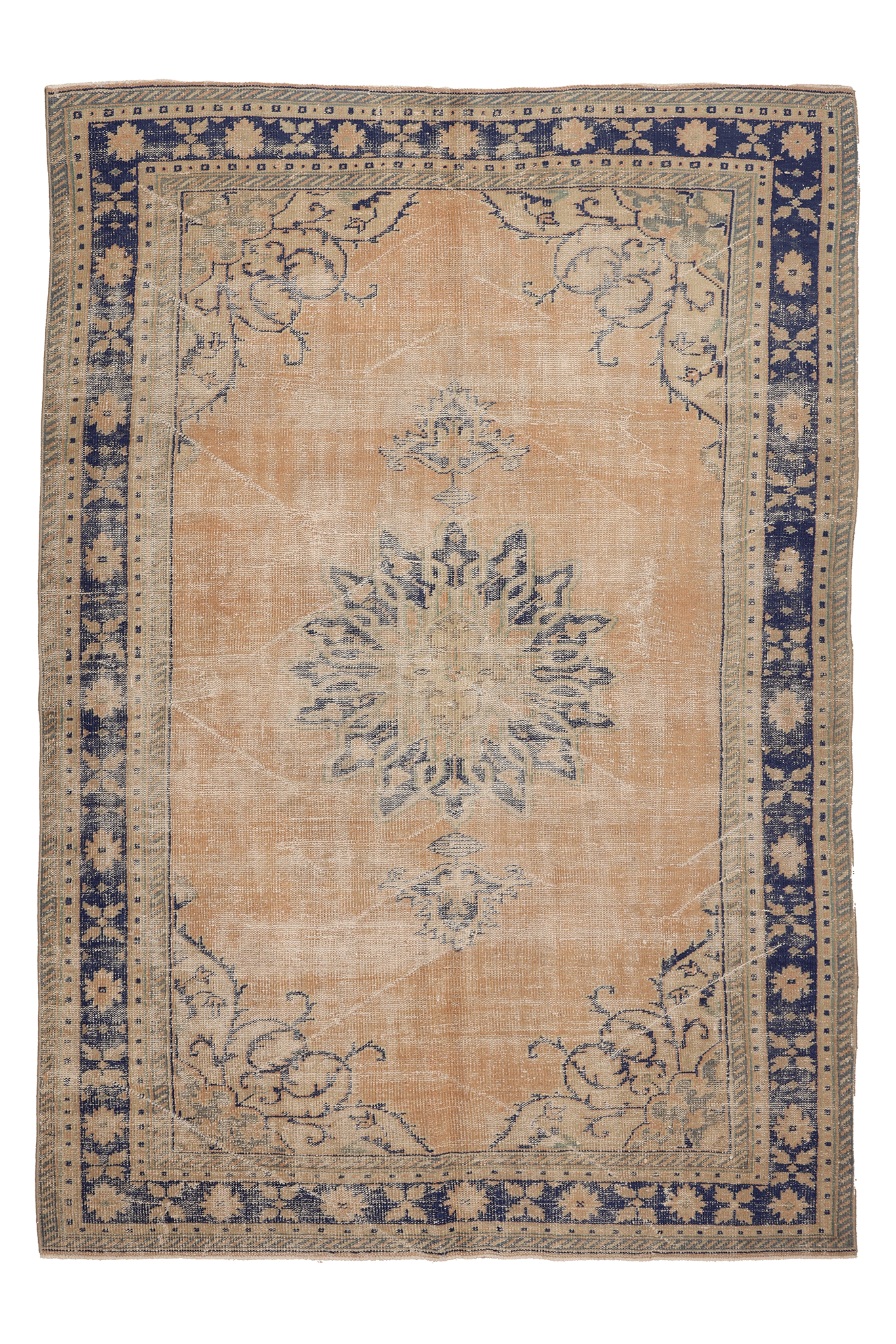 Vintage Manisa Turkish Area Rug 6x9 ft — Beige & Blue Floral (No. 40347)