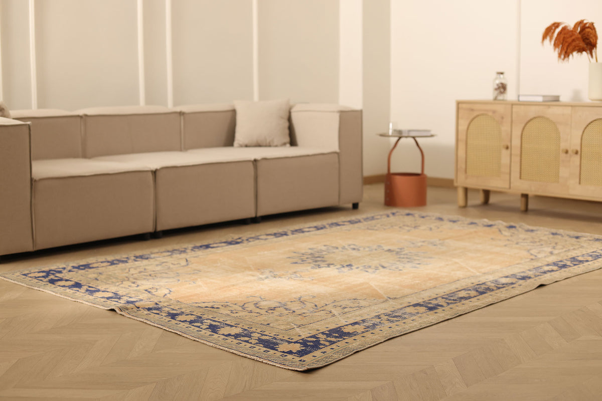 Vintage Manisa Turkish Area Rug 6x9 ft — Beige & Blue Floral (No. 40347)