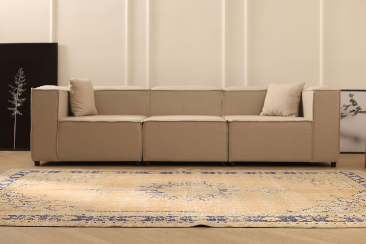 Vintage Manisa Turkish Area Rug 6x9 ft — Beige & Blue Floral (No. 40347)