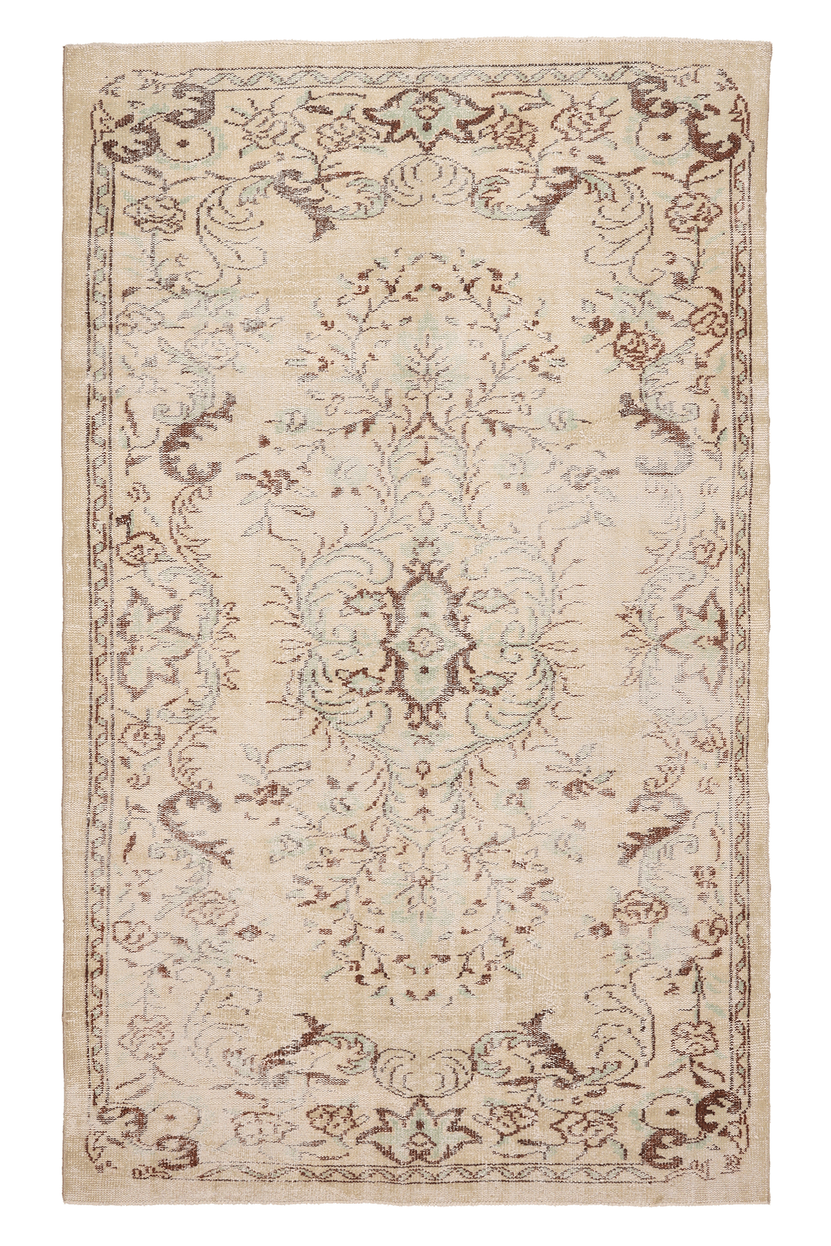Vintage Manisa Turkish Area Rug 5x9 ft — White & Beige Floral