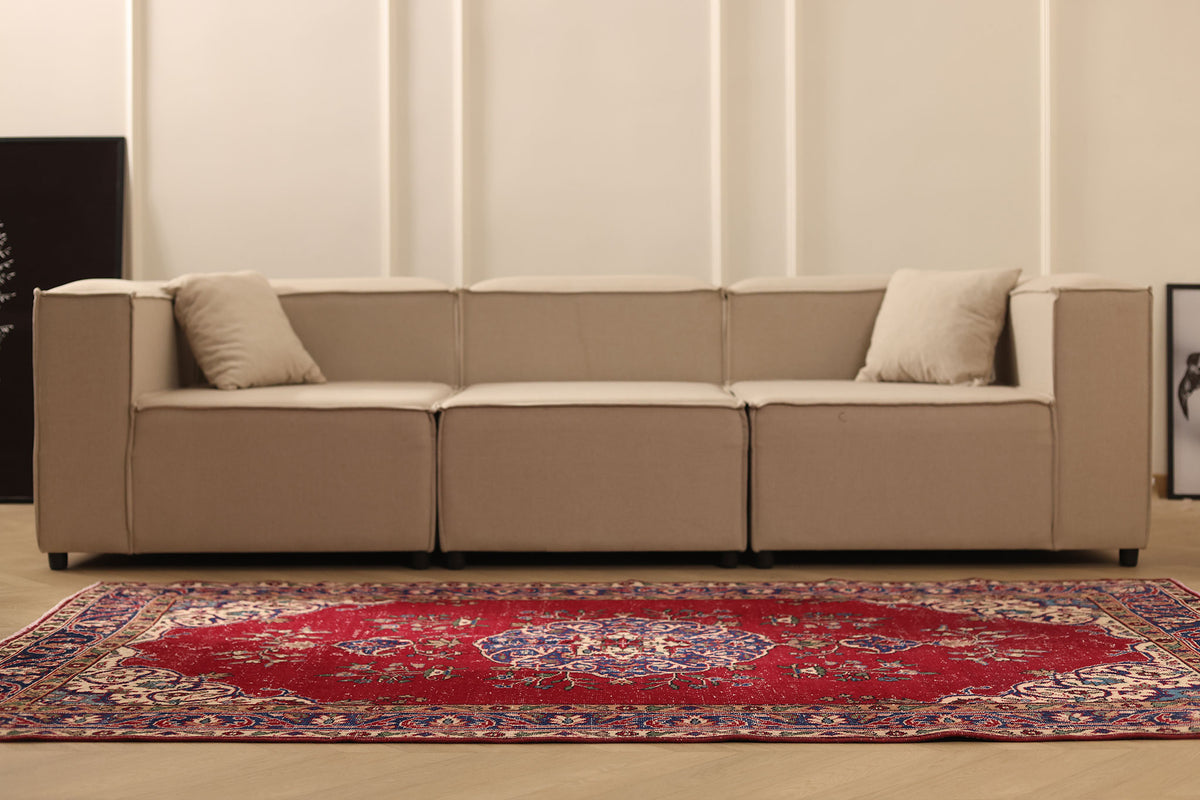 Vintage Isparta Turkish Area Rug 4x8 ft — Red & Beige Floral