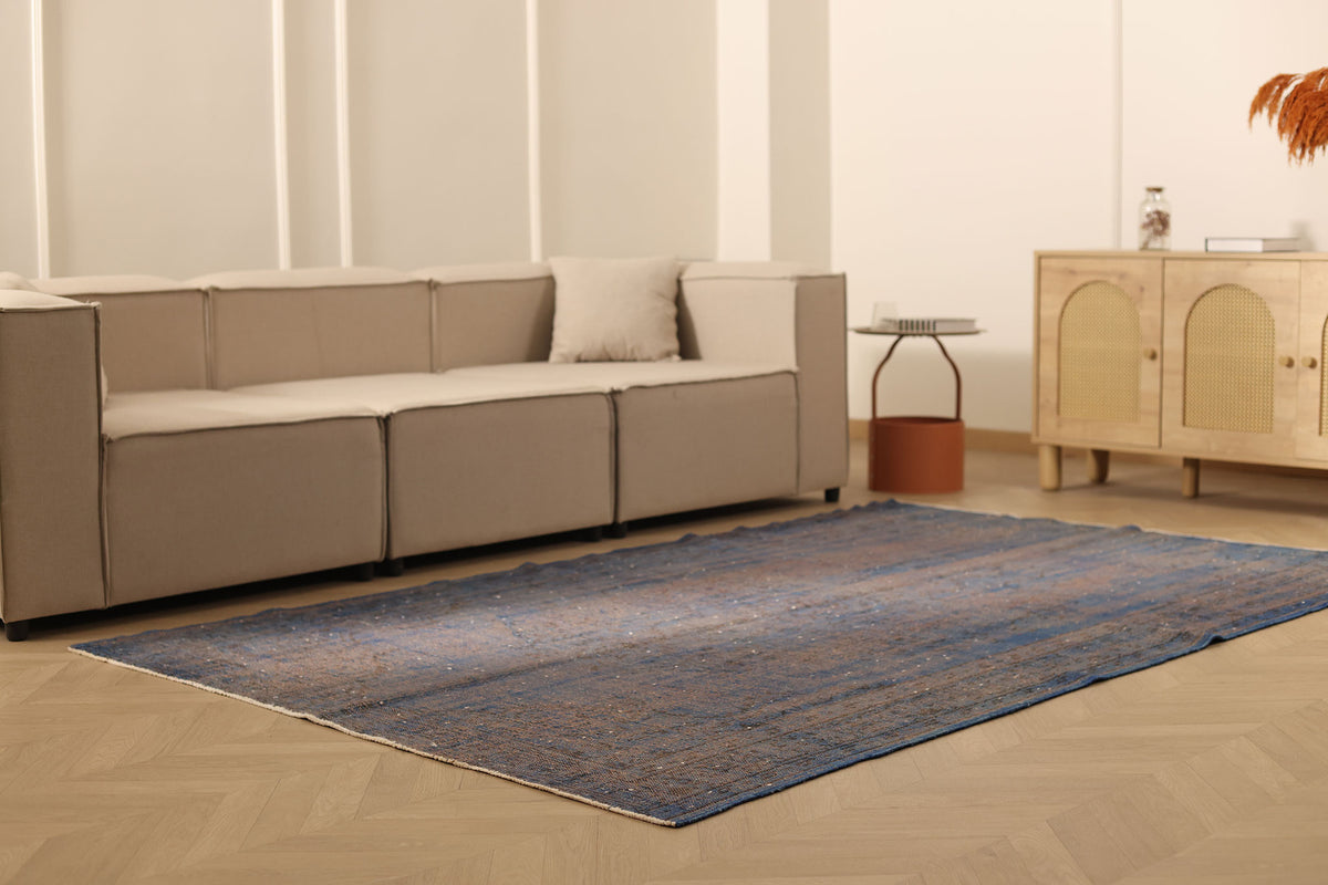 Vintage Manisa Turkish Area Rug 5x9 ft — Blue & Brown Overdyed