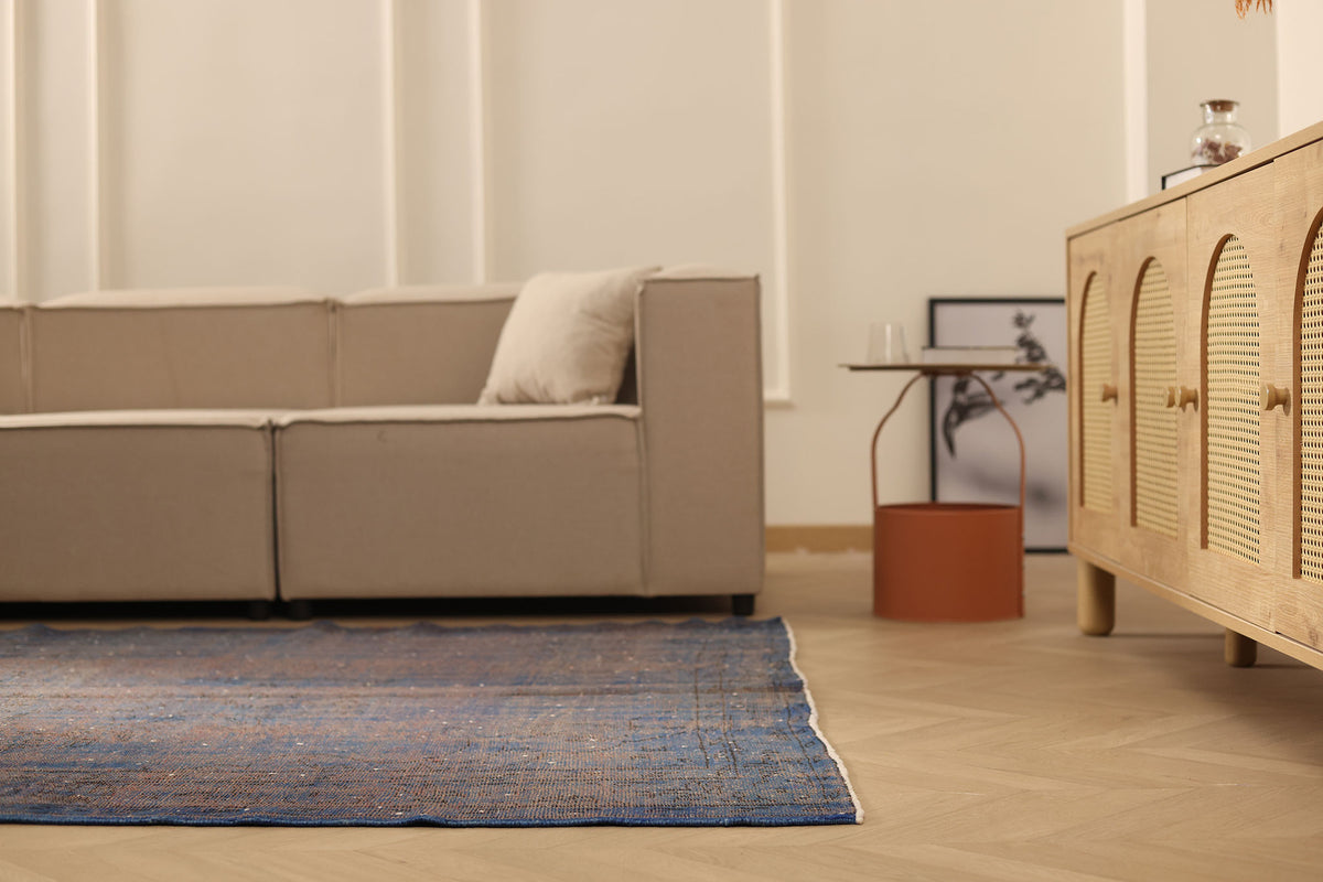 Vintage Manisa Turkish Area Rug 5x9 ft — Blue & Brown Overdyed
