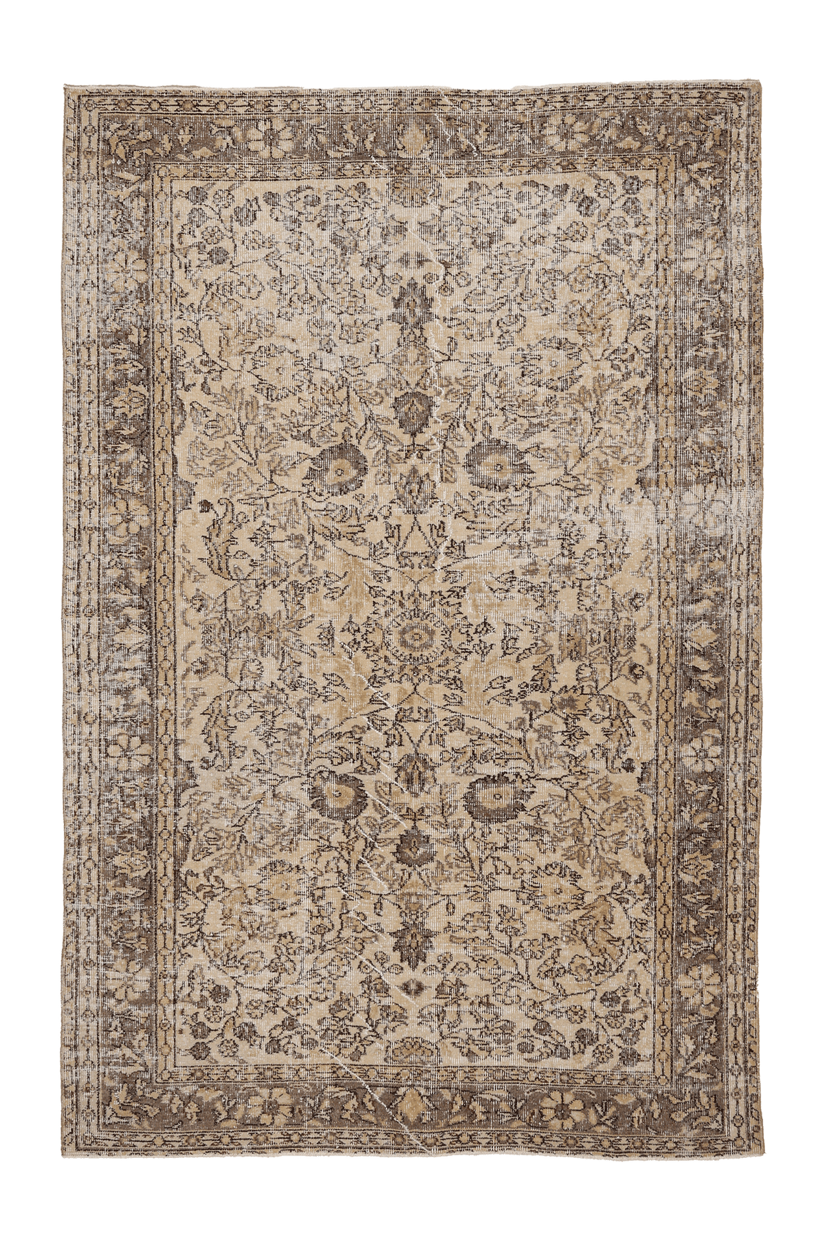 Vintage Isparta Turkish Area Rug 5x8 ft — Beige & Brown Floral (No. 40360)