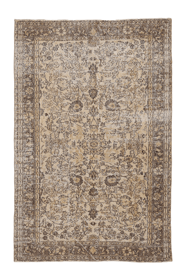 Vintage Isparta Turkish Area Rug 5x8 ft — Beige & Brown Floral (No. 40360)