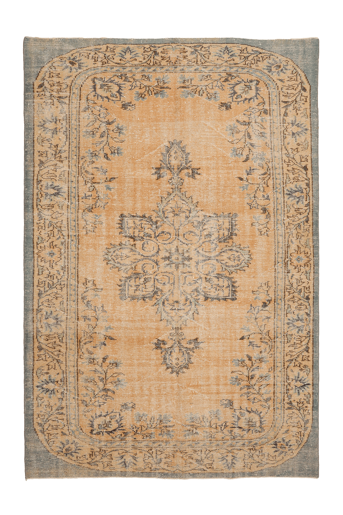 Vintage Manisa Turkish Area Rug 6x8 ft — Orange & Gray Floral