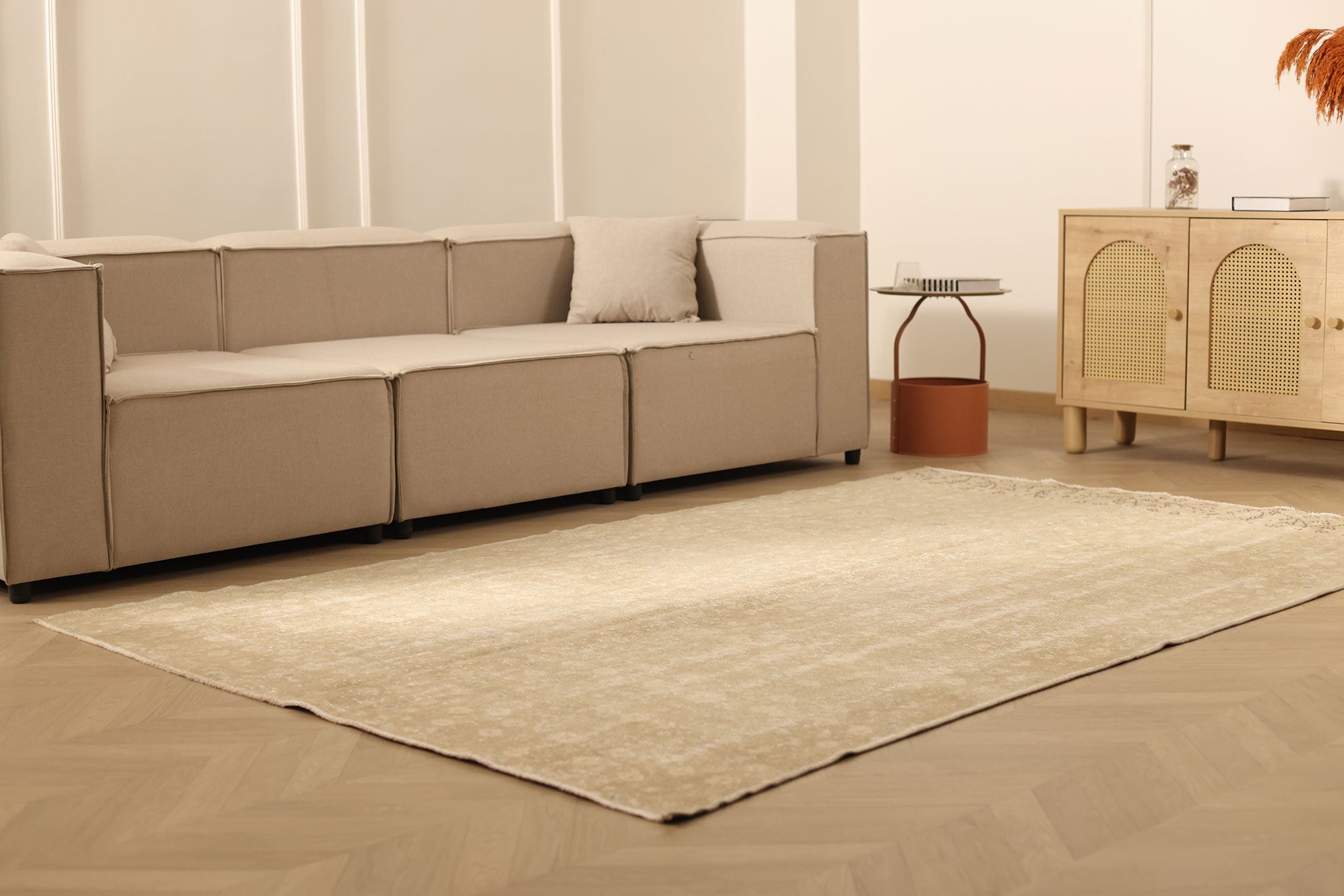Vintage Manisa Turkish Area Rug 5x9 ft — Beige Distressed