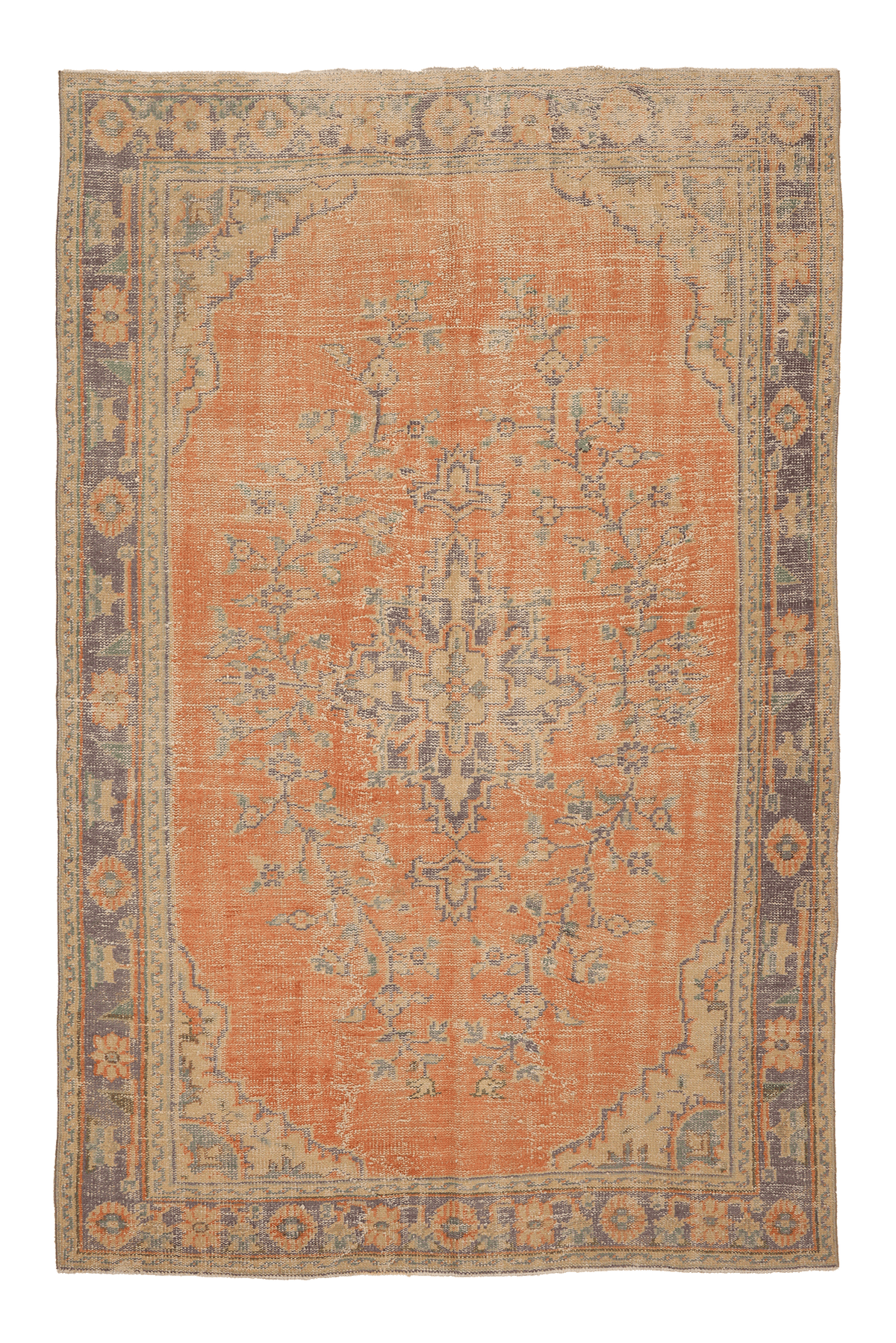 Vintage Manisa Turkish Area Rug 6x9 ft — Orange & Beige Floral