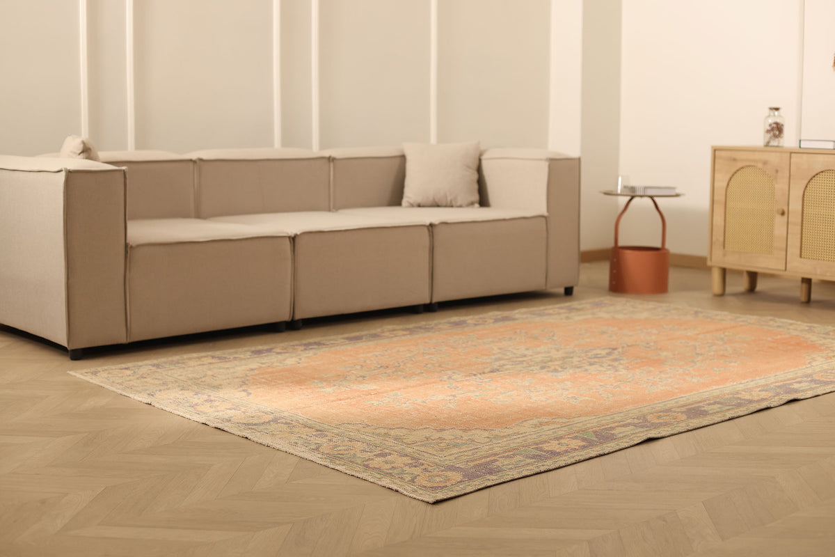 Vintage Manisa Turkish Area Rug 6x9 ft — Orange & Beige Floral