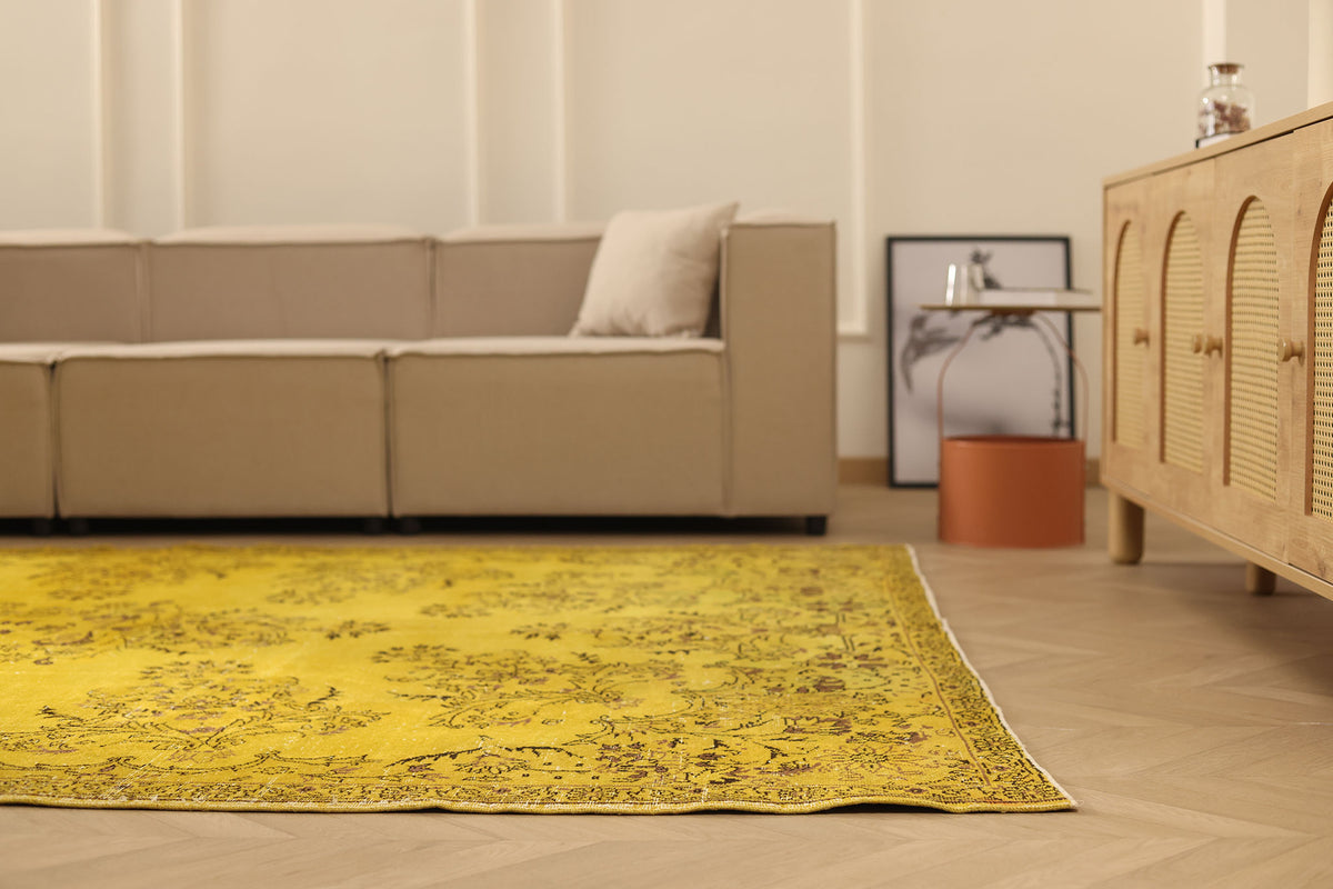 Vintage Isparta Turkish Area Rug 7x10 ft — Yellow & Brown Overdyed