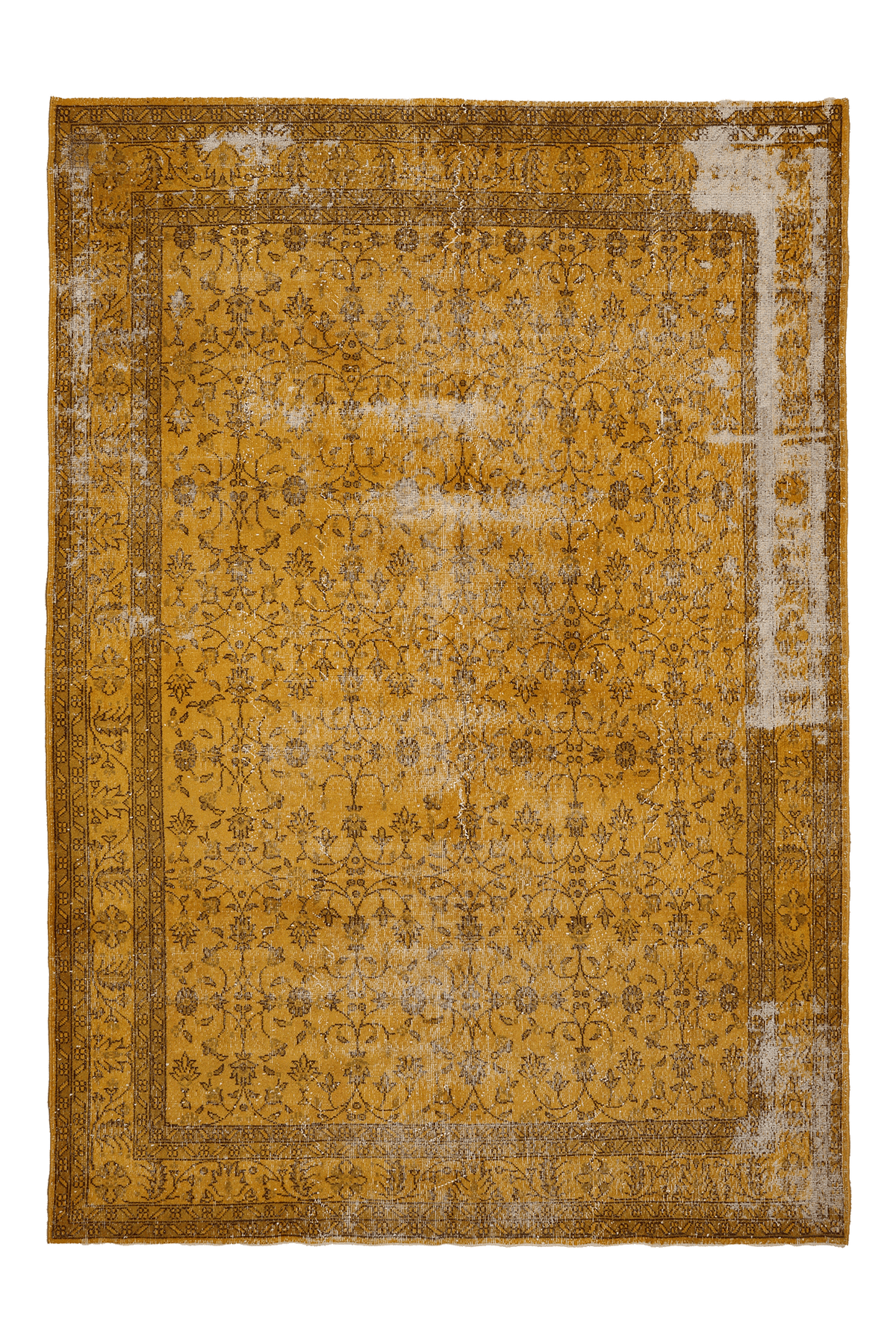 Vintage Isparta Turkish Area Rug 7x10 ft — Yellow & Brown Distressed