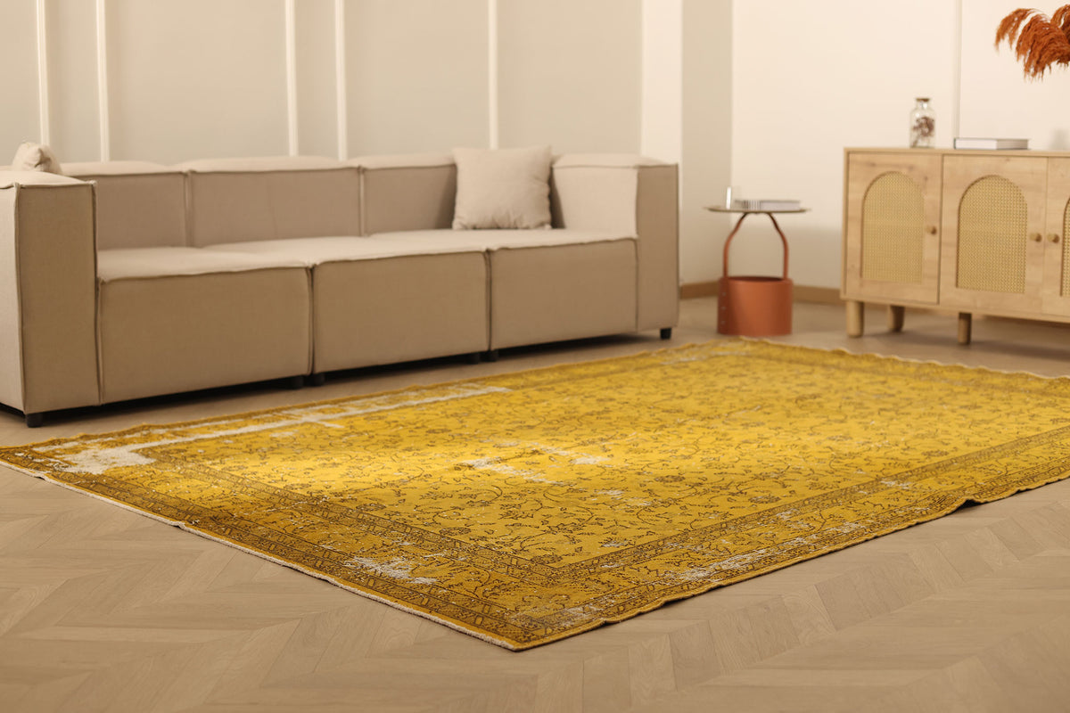Vintage Isparta Turkish Area Rug 7x10 ft — Yellow & Brown Distressed